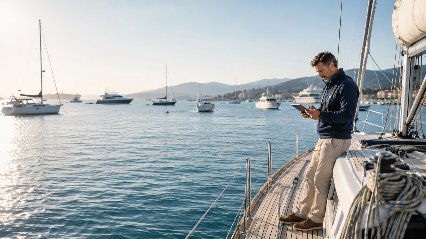 Patrones consultando su cuaderno de bitácora en el puerto